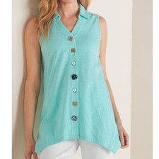 Soft Surroundings Womens Danielle Button Blouse Size M Sharkbite Hem Coastal
