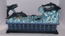 Cast Iron Jumping Dolphin Mechanical Coin Bank Ocean Blue Reproduction