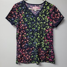 Koi by Kathy Peterson Floral Scrub Top Women's Size Small V-Neck Short Sleeve