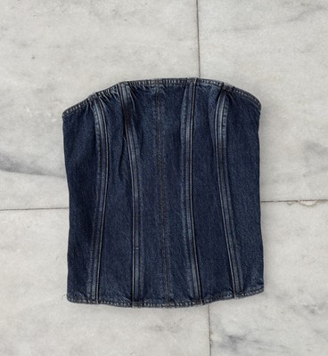 Express Strapless Corset Denim Tube Top Zipper Smocked Stretch Womens Small NWT