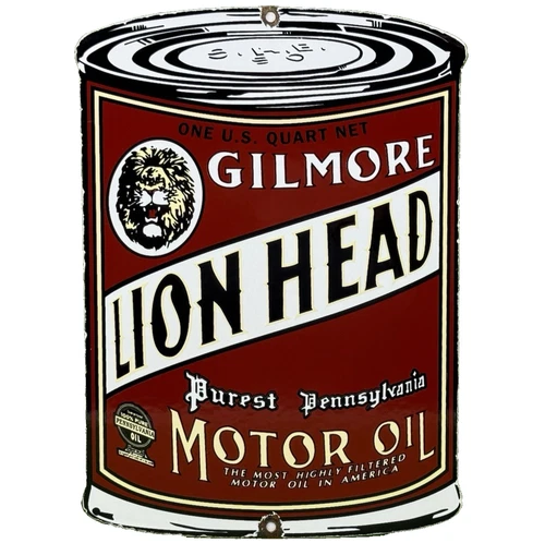 VINTAGE GILMORE RED LION OIL CAN PORCELAIN SIGN GAS STATION PUMP PLATE GASOLINE