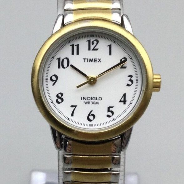 Vtg Timex Watch Women 25mm Indiglo Silver Gold Tone Stretch Vtg Timex Watch Women 25mm Indiglo Silver Gold Tone Stretch