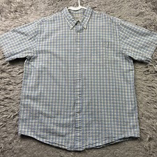 LL Bean Mens Seersucker Shirt Medium Plaid Blue Yellow Short Sleeve 501414