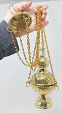Polished Brass Hanging Incense Burner Embossed Cross Censer Without Bells 9 In