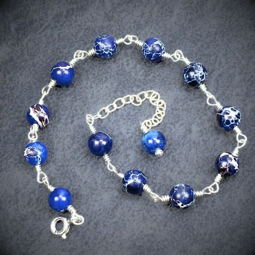 Pulsera Variscite - Azul Oscuro - Plata Argentina 935 - Piedras Preciosas Envueltas en Alambre - Imagen 6 de 7