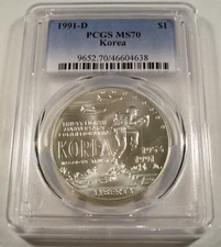 1991-D PCGS MS70 SILVER DOLLAR KOREA MS 70 COMMEMORATIVE BU S$1