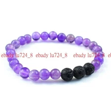 Natural 6-8mm Amethyst & Lava Stone Round Gemstone Beads Stretch Bracelet 7.5"