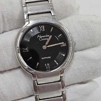Alexandre Christie Wrist Watch Mens 34mm Silver Tone Black Dial New Battery 7''