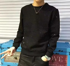 New Men Luxury Diamond Full Rhinestones Fashion Black Warm Hoodie High Quality