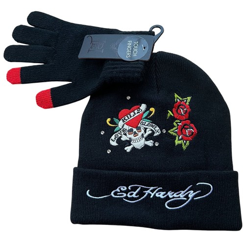 NUEVO CON ETIQUETAS Ed Hardy Mujeres Calavera Mata Lentamente Bordado Tejido Negro Gorro Guantes Conjunto