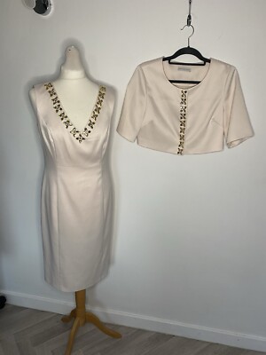 Gina Bacconi Two Piece Set UK 12 Cream Dress & Jacket Occasion MotB Wedding