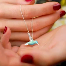 Green and Blue Hummingbird Pendant Necklace Silver