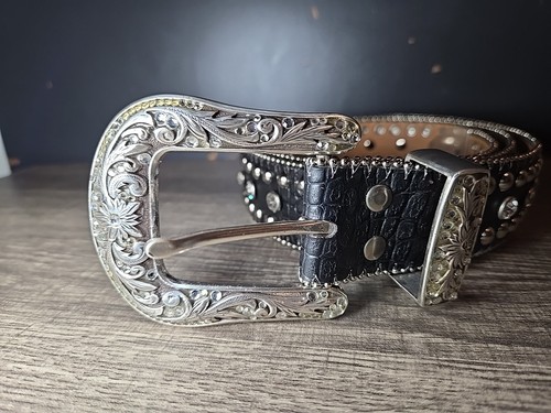 Nacona Belt Womens M Black Sparkle Leather Silver Buckle Rhinestone Westerncore - Picture 2 of 10