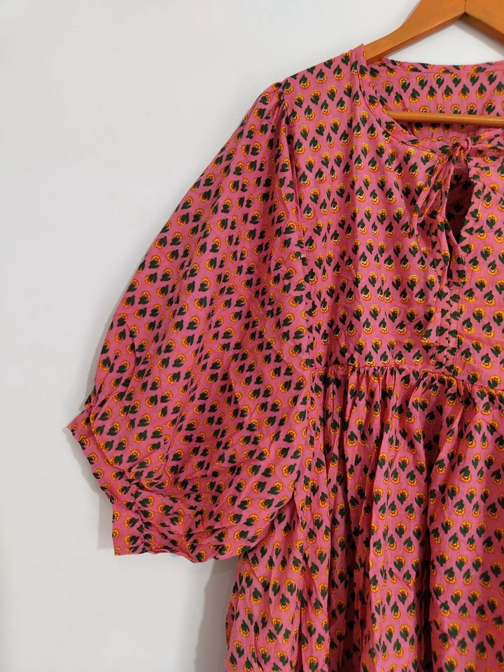 Vestido midi vermelho floral estampa de bloco de mão tamanho grande indiano boêmio algodão - Imagem 3 de 4