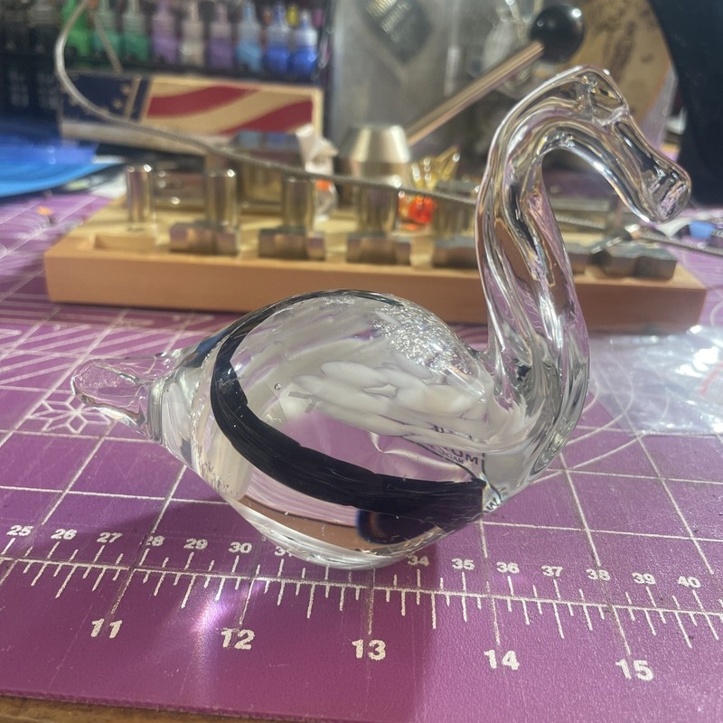 VINTAGE — MURANO Glass Swan — Clear W Black 5” Long. 4 1/4” Tall