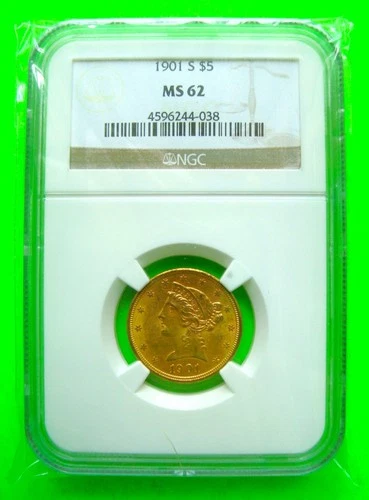 1901-S LIBERTY $5 GOLD HALF EAGLE - NGC MS62 + FREE USA SHIPPING Outstanding