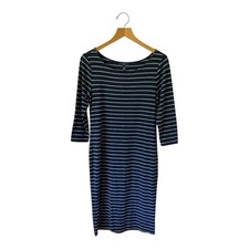 Gap Modest Navy Blue Gray Striped 3/4 Sleeve Women’s Midi Dress Sz M