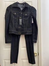 Bisou Bisou Denim Pantsuit Set Dark Denim black Jacket Med  & Pants Sz -12 NWT 
