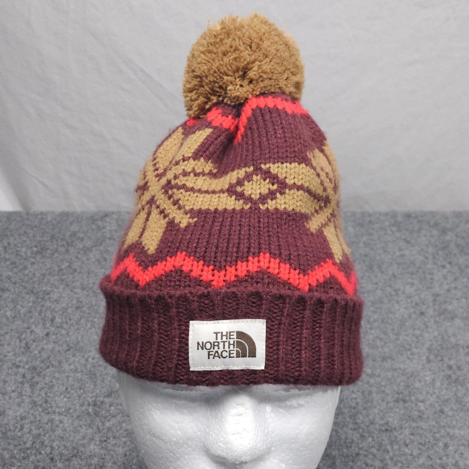 North Face Fair Isle Knit Beanie with Pom and Logo in Red Burgundy