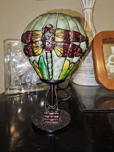 Tiffany Style Stained Glass Hot Air Balloon Table Lamp Light Dragonfly Vintage