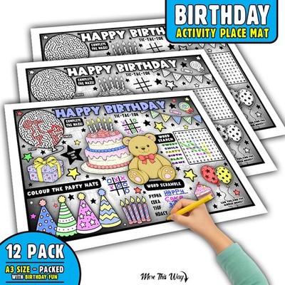 Geburtstag Ausmalen Aktivität Tischsets - 12 Stück - Kinder A3 Blätter