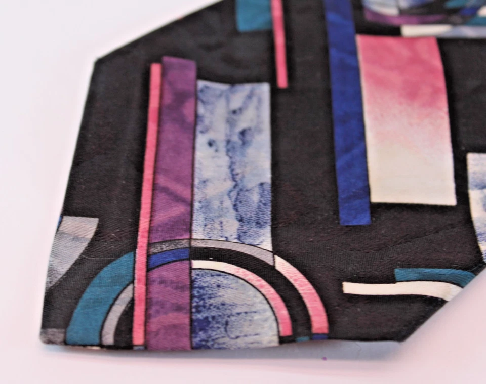 Corbata para hombre Adolfo X-Long brillante colorida negra abstracta geométrica audaz 60x3,5" Foto 3 de 4