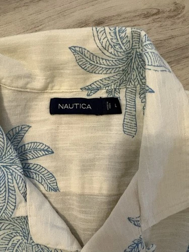 Nautica Linen Palm Tree Print Button-Up Shirt Short Sleeve Size L White/Blue image 5