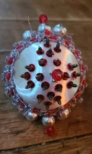 Vtg Push Pin Christmas ORNAMENT White Spun Satin Silver Red Beads Sequins