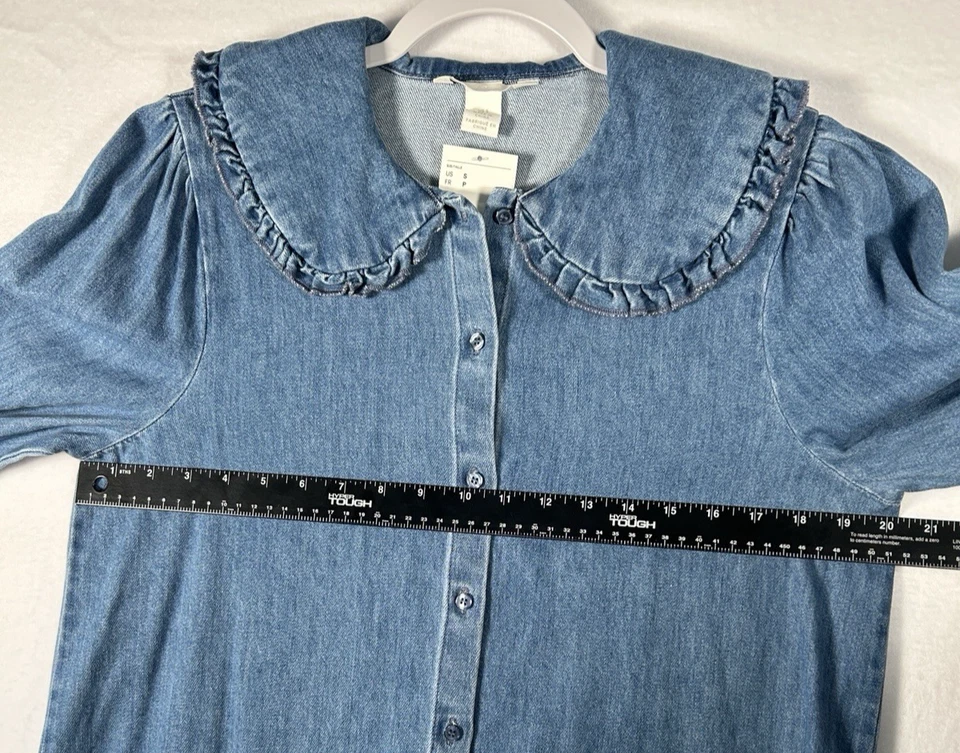 H&M Denim Ruffle Statement Round Collar Blouse Blue Long Sleeve Size S - Image 4 of 4