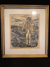 Vtg Original Signed German Bavarian Artwork Shepherd Sheep Cape Flute Hillside