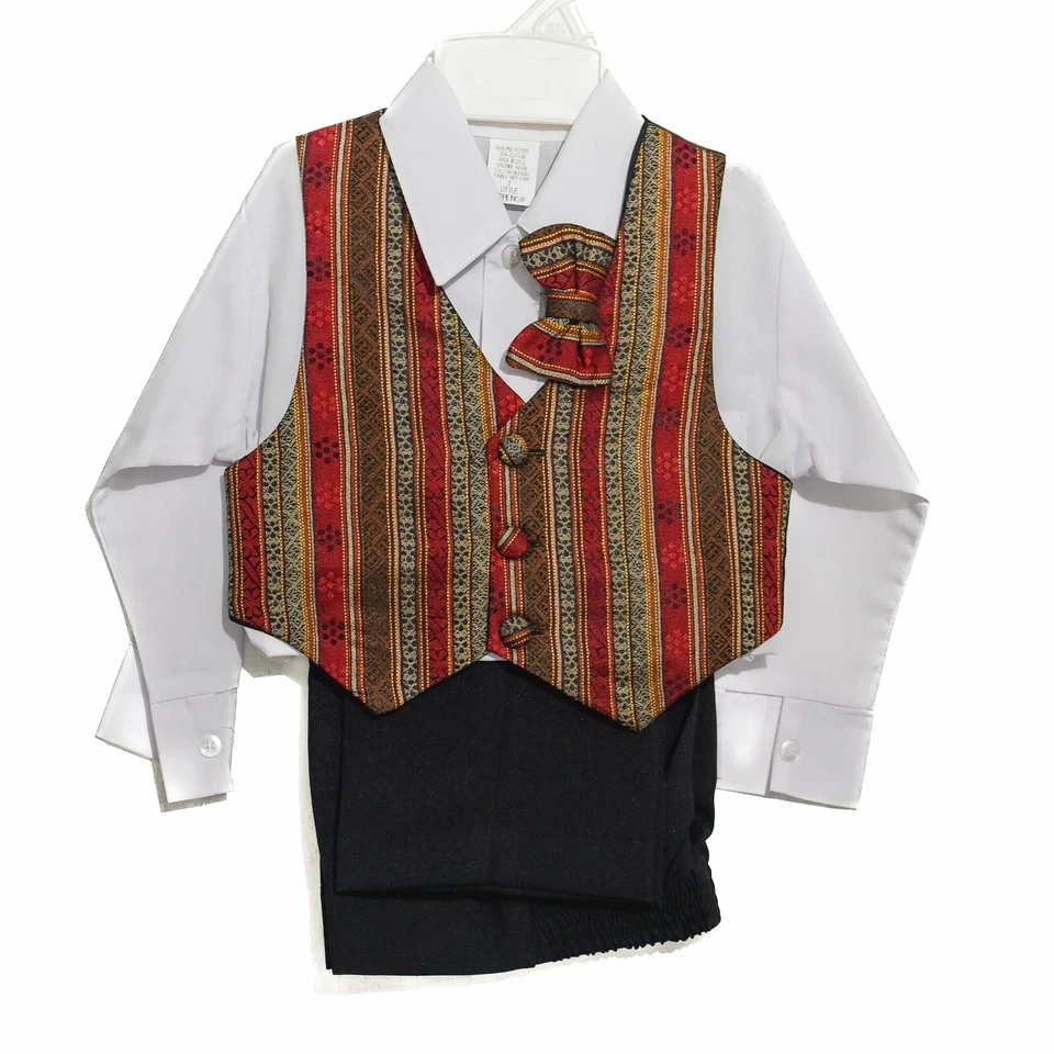 男孩 4 件套套装橙色红色吉普赛背心领结白色衬衫黑色裤子 2T 全新带标签 — 第 3/4 张图片