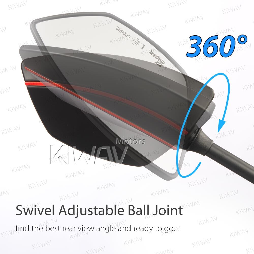 KiWAV Mirror Redline black + red stripe convex wider view fits Honda Suzuki