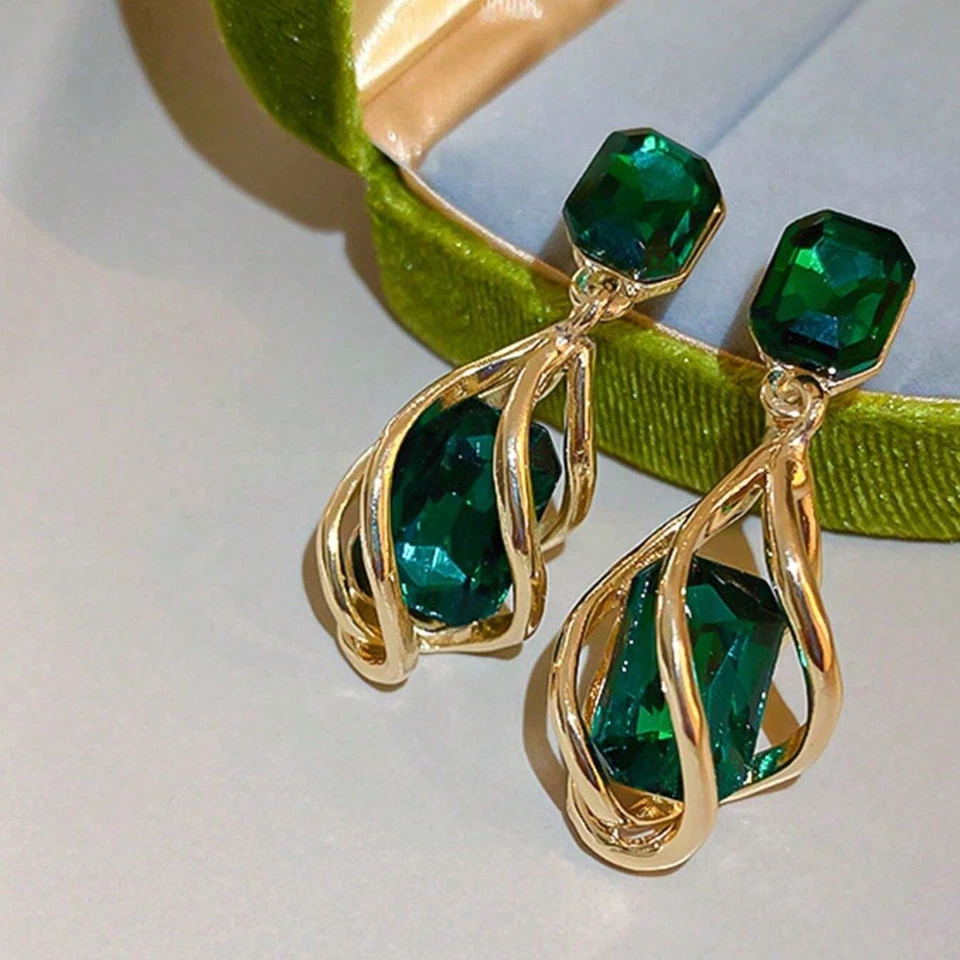 Pendientes de aro de oro para mujer verde circonita cúbica cristal gota elegante joyería de moda Foto 3 de 3