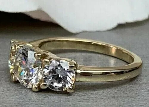 2 Ct Round Cut Simulated Diamond 3 Stone Engagement Ring 14K Yellow Gold Plated - Picture 3 of 5