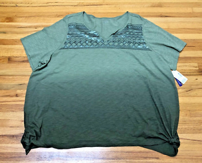Catherine Basic Boho Blouse Top Women 3X Green Embroidered Flowy Casual Sequin