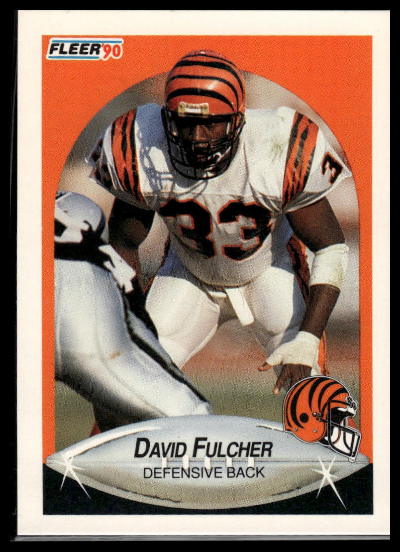 1990 Fleer #215a David Fulcher Lower right star of AFC logo aligned with blue