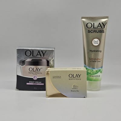 3 PC OLAY Total Effects 7-in-1 Night Cream + Hydrating Scrubs + Bar Soap