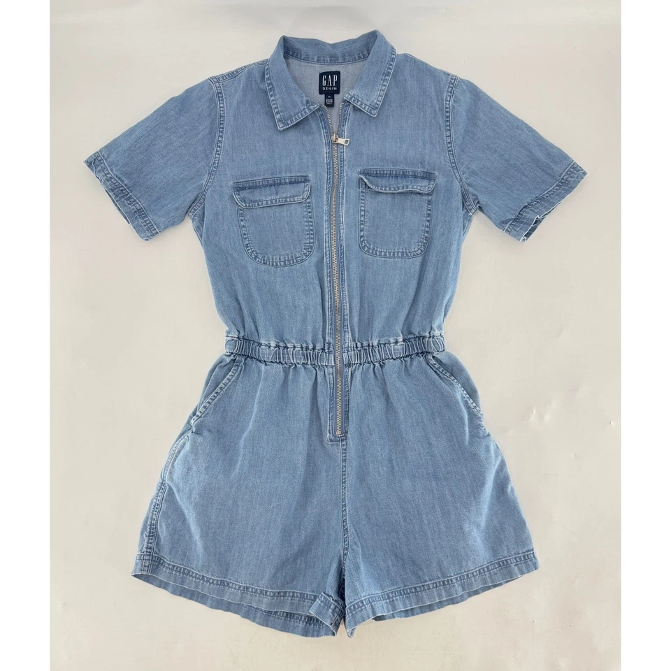 Mono GAP Denim Mameluco Azul Manga Corta Cremallera Completa Utilitario 100% Algodón XS Boho Foto 4 de 4