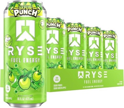 RYSE Fuel Energy Drink - Sour Punch Green Apple - Sugar Free, (pack of 12)
