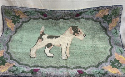 PRIMITIVE AMERICAN FOLKART HOOKED RUG WIRE FOX TERRIER 34-1/2 x22  UNIQUE!