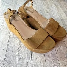 Forever 21 Women's Tan Suede Platform Wedge Sandals Ankle Strap Size 10