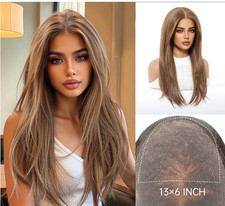 Long Straight Brown Mix Lace Front Heat Resistant Fiber Wig Women Natural