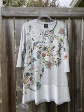 Inoah Gray Whimsical Faces Floral Cats Art To Wear Tunic Shirt Sz L