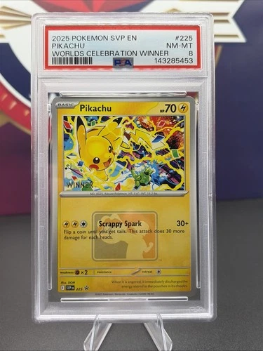 2025 Pokemon #225 Pikachu Worlds Celebration Winner PSA 8