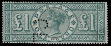 GB QV SG212, SCARCE £1 green, UNUSED. Cat £2500. PERFIN BC
