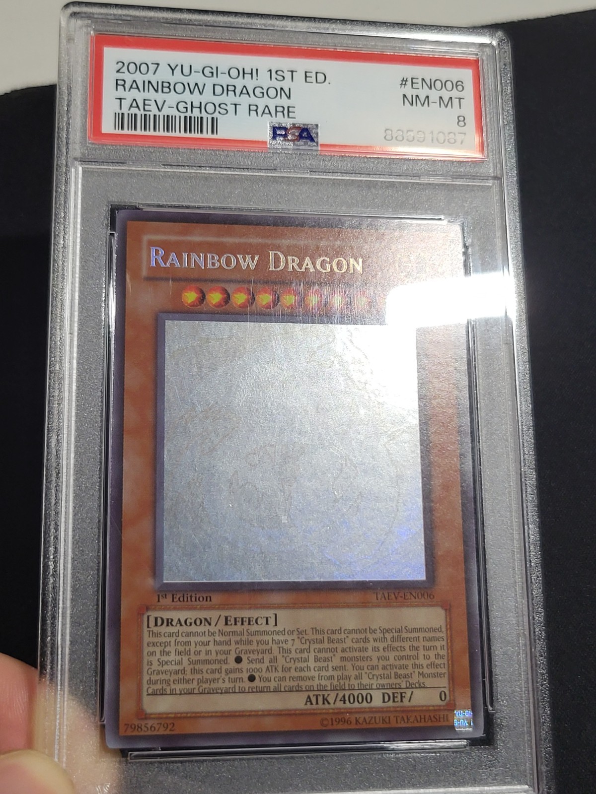 Yugioh 2007 Rainbow Dragon TAEV-EN006 1st Edition Ghost Rare PSA 8 (Clean Foil) view 7