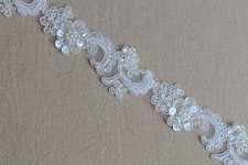Natural White Beaded and Sequined Polyester Lace Trim for Bridal and Sewing Proj