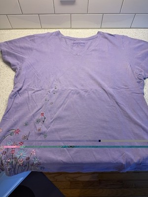 Life is Good Women s Lavender V-Neck Tee with Floral Embroidery