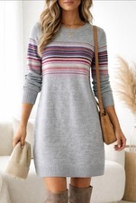 Gap Merino Wool Sweater Dress Petite Small Gray Striped Casual Chic Cozy Knit