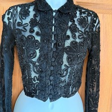 Vintage Cache Top Mujer Med Negro Transparente Encaje Cuentas Recortado Cárdigan Bolero